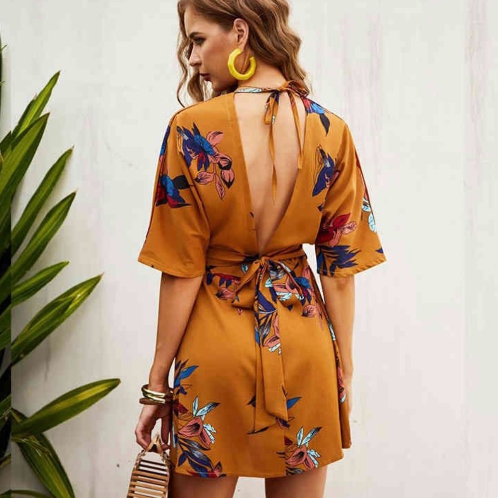 SHEIN Mustard Floral Button-Down Midi Dress